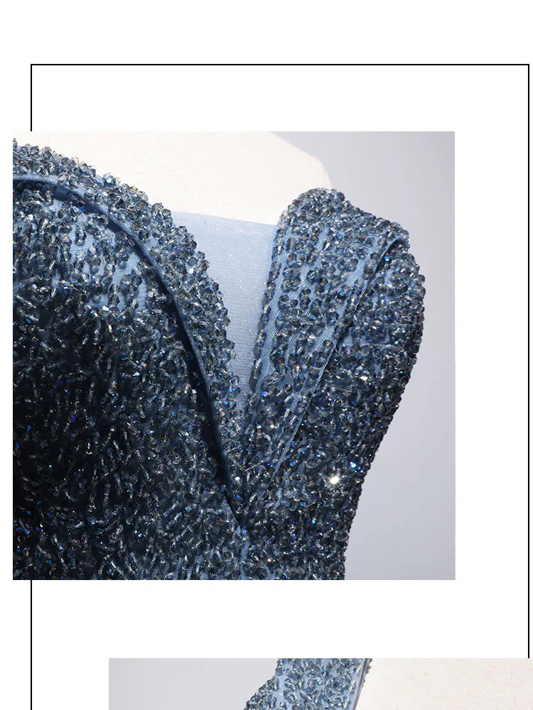 Blue Sweetheart Neck Tulle Beads Off Shoulder Long Prom Dress - Deanwangkt