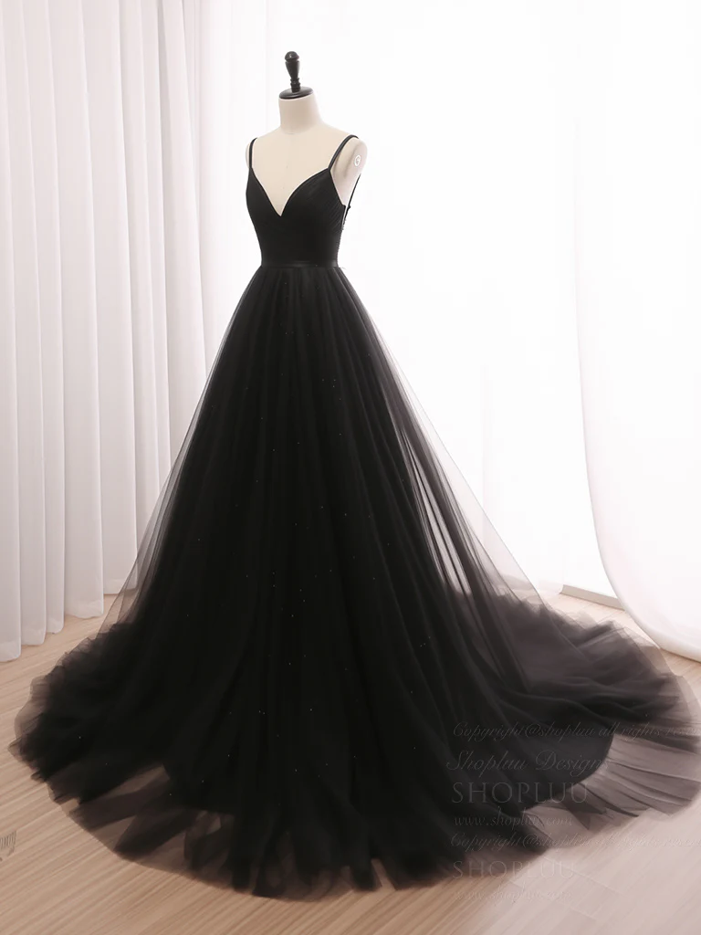 A-Line V Neck Tulle Black Long Prom Dress, Black Long Formal Dress - Deanwangkt