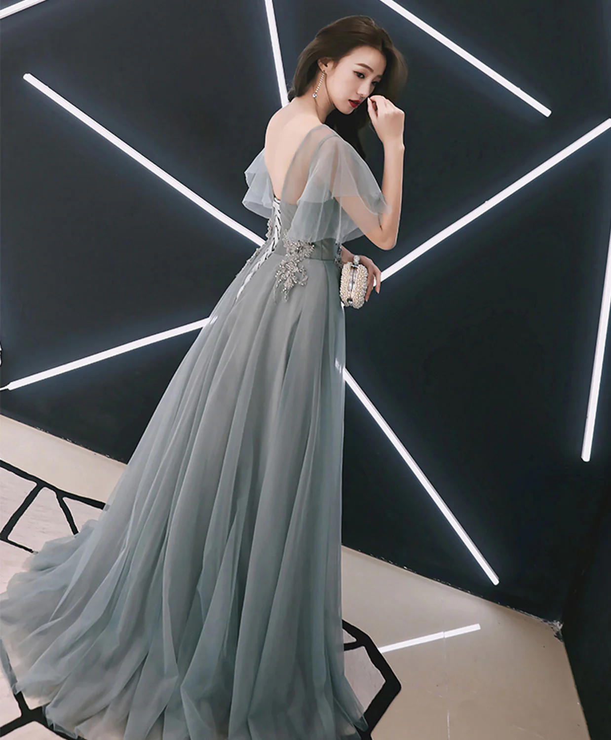 Gray V Neck Cap Sleeve Tulle Lace Long Prom Dress, Evening Dress - Deanwangkt