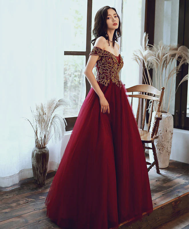 Burgundy Tulle Sequin Off Shoulder Long Prom Dress Burgundy Evening Dress - Deanwangkt