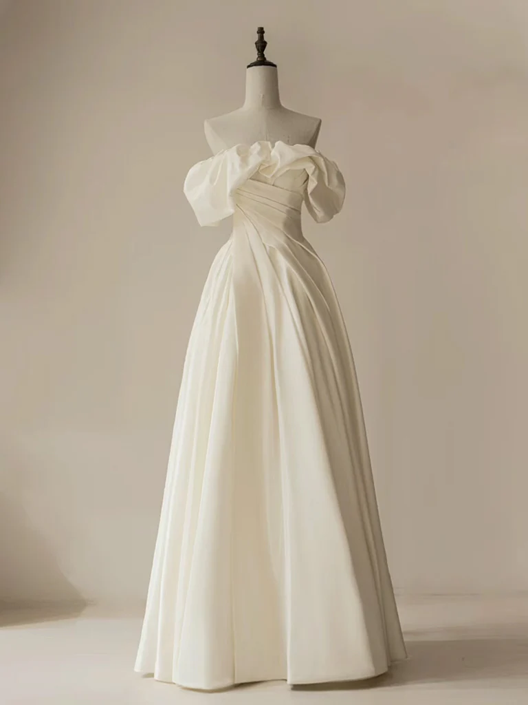 A-Line Off Shoulder Ivory Satin Long Prom Dress, ivory Long Formal Dress - Deanwangkt