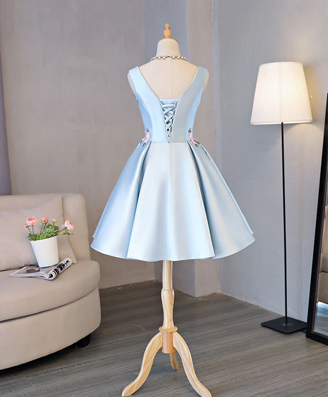 Blue Satin Applique Short Prom Dress, Blue Homecoming Dress - Deanwangkt