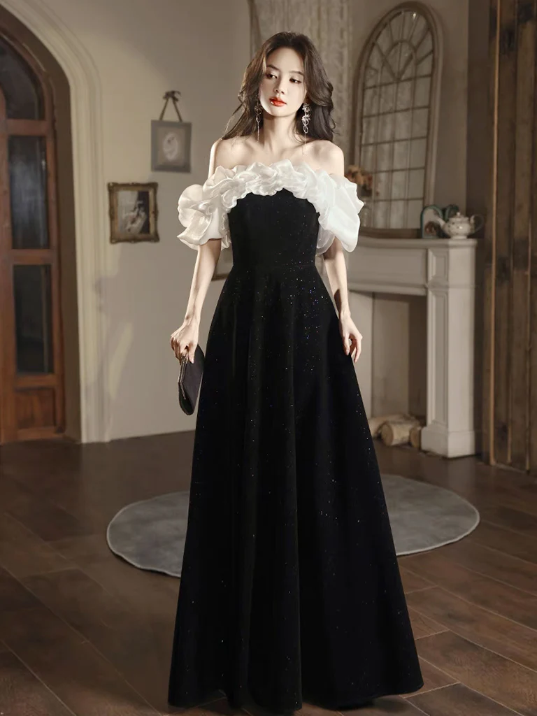 A-Line Off Shoulder Velvet Black Long Prom Dress, Black Long Evening Dress - Deanwangkt