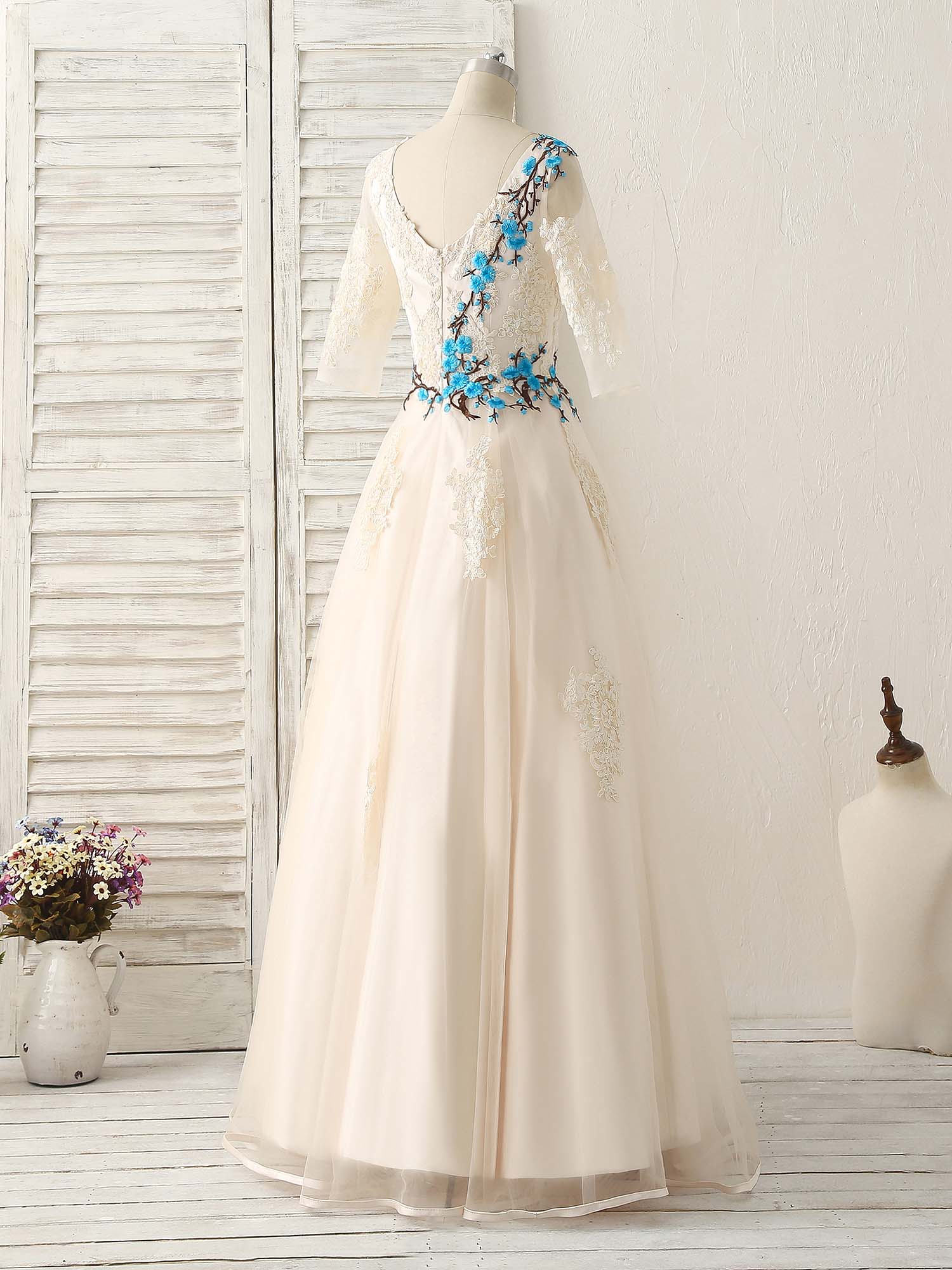 Unique Lace Applique Tulle Long Prom Dress Light Champagne Bridesmaid Dress - Deanwangkt