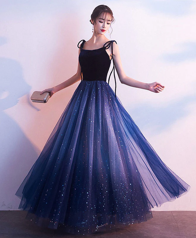Simple Blue Tulle Long Prom Dress, Shiny Blue Evening Dress - Deanwangkt