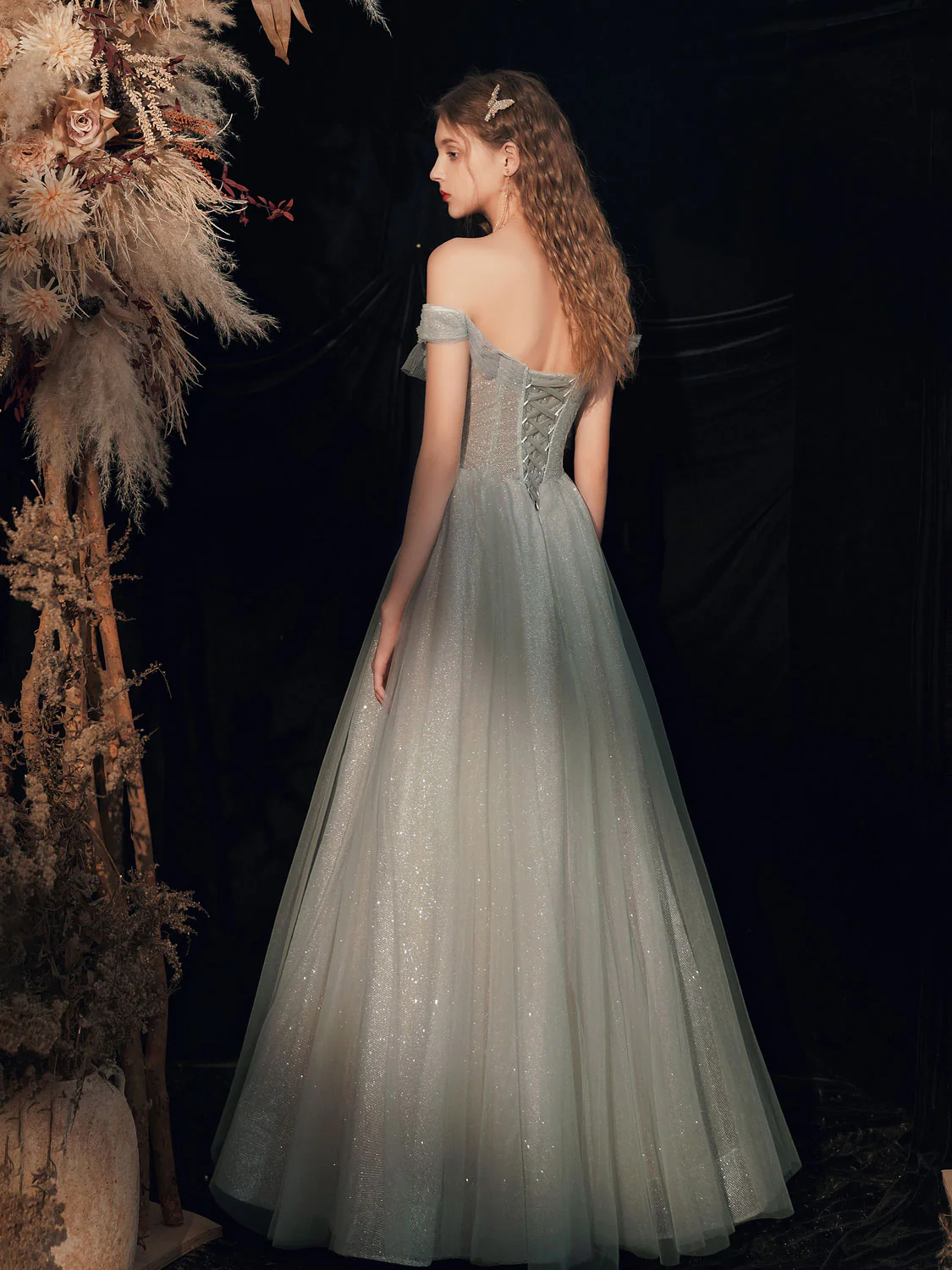 Gray Green Tulle Off Shoulder Sequin Long Prom Dress, Tulle Formal Graduation Dresses - Deanwangkt