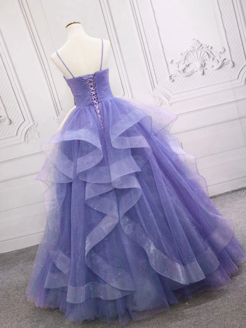 Purple v neck Tulle Long Prom Dress, Purple Sweet 16 Dress - Deanwangkt