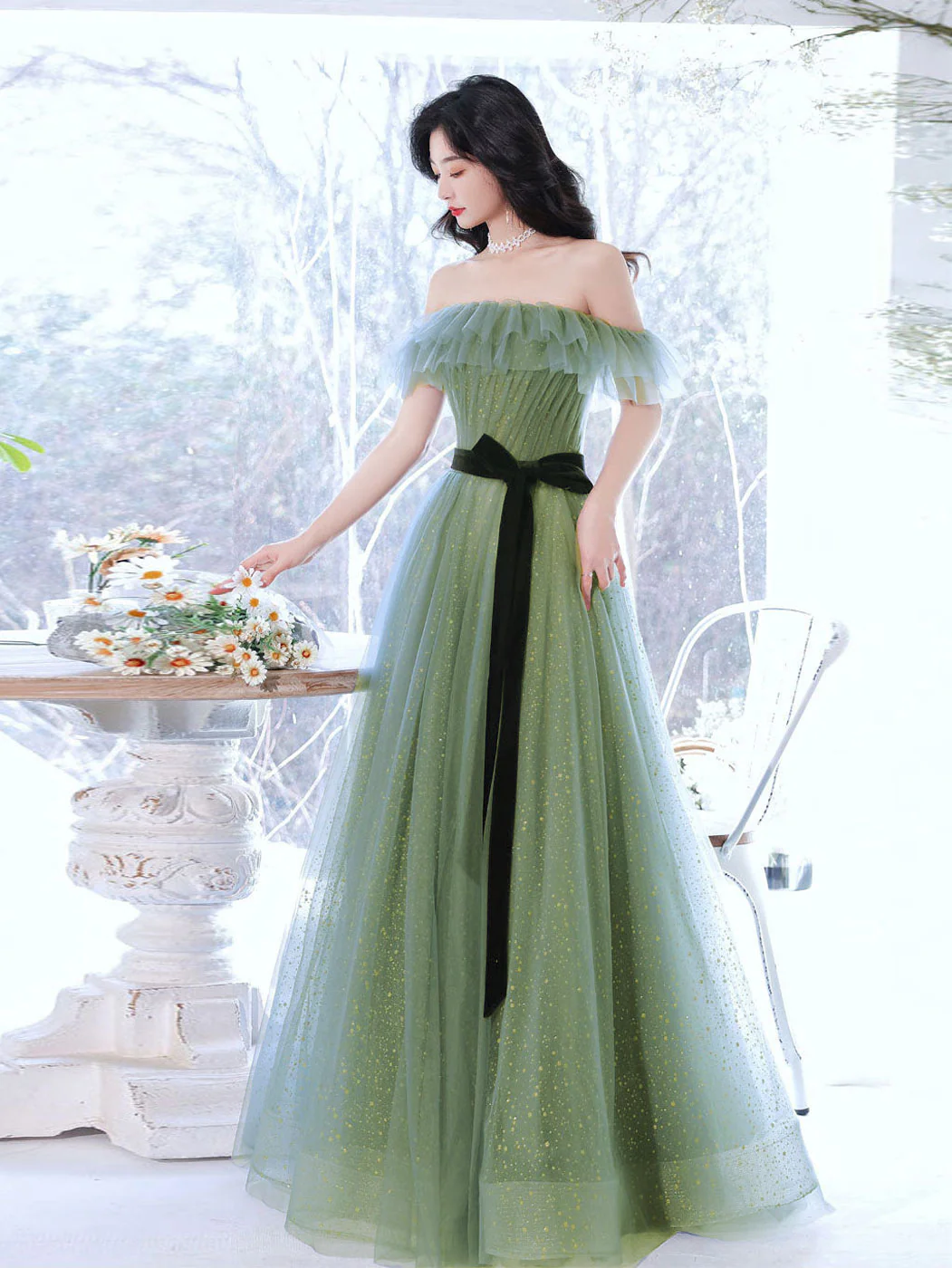 A line Green Long Prom Dresses, Green Tulle Formal Graduation Party Dress - Deanwangkt