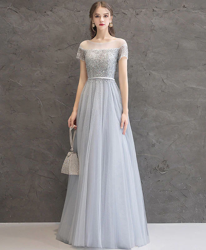 Gray Tulle Sequin Long Prom Dress, Gray Tulle Formal Dress - Deanwangkt