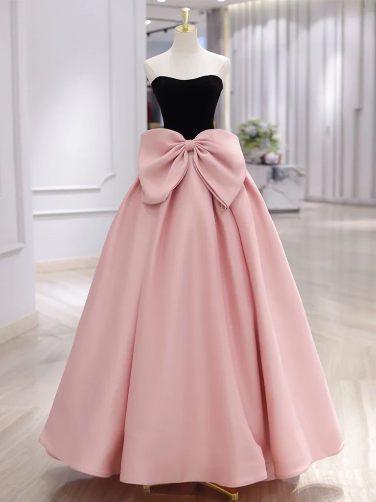 A-Line Sweetheart Neck Satin Pink Long Prom Dress, Pink Long Formal Dress - Deanwangkt