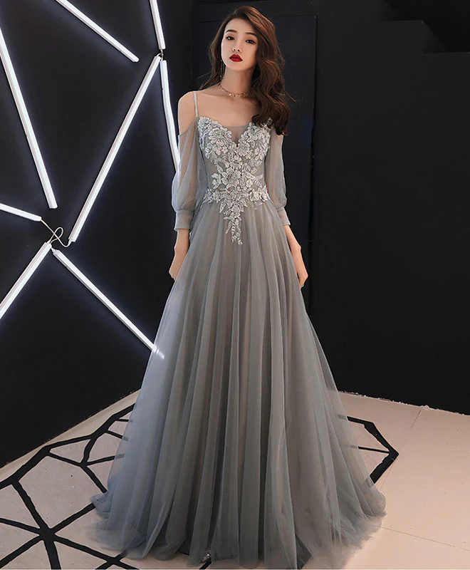 Gray Sweetheart A-Line Tulle Lace Long Prom Dress, Gray Evening Dress - Deanwangkt
