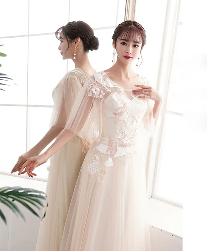 Champagne A-Line Lace Applique Long Prom Dress Lace Evening Dress - Deanwangkt