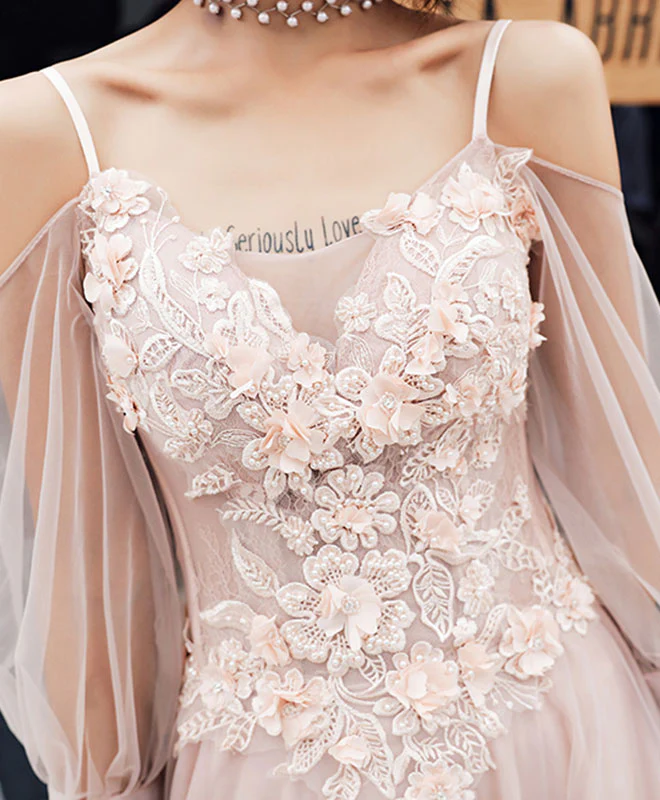 Champagne Tulle Lace Long Prom Dress, Champagne Evening Dress - Deanwangkt