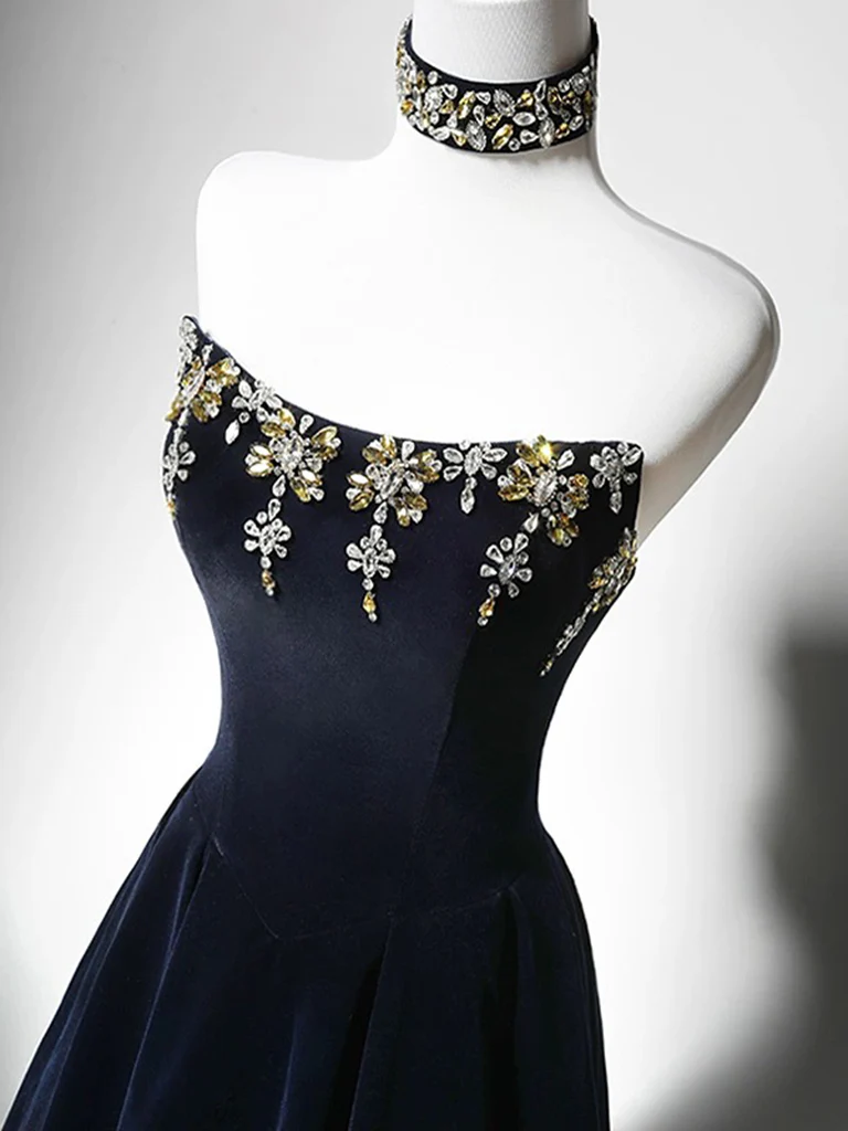 Simple A-Line Velvet Dark Blue Long Prom Dress with Beads - Deanwangkt