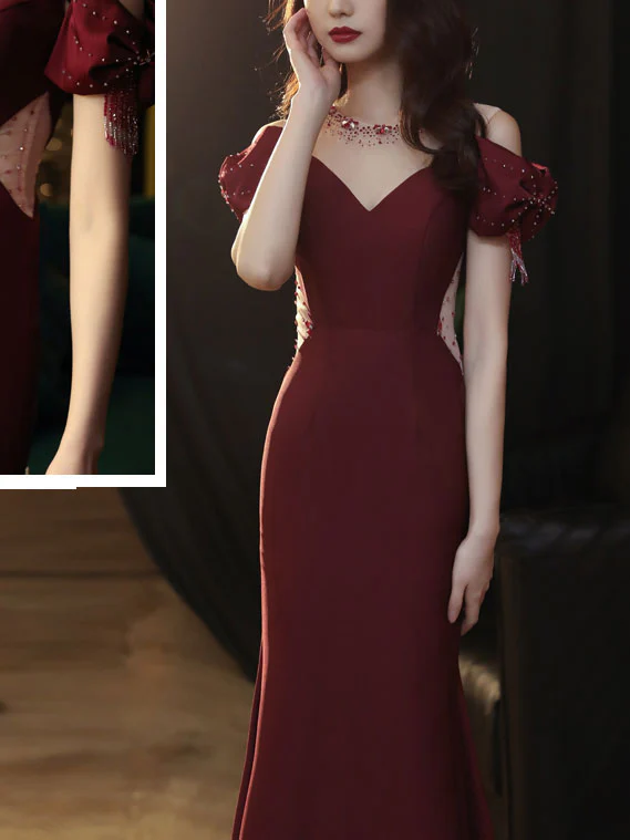 Burgundy Round Neck Satin Mermaid Long Prom Dress Burgundy Formal Dress - Deanwangkt
