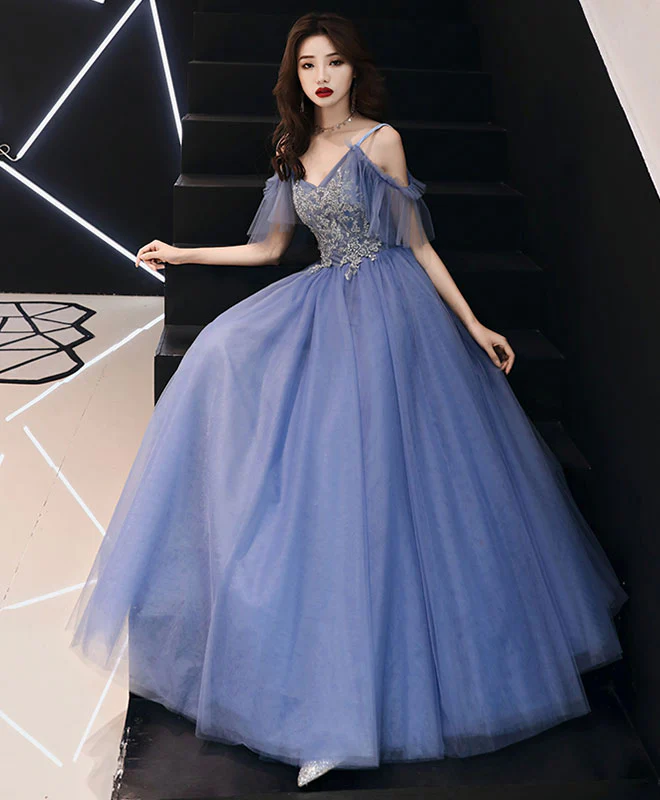Blue V Neck Tulle Lace Long Prom Dress, Blue Tulle Evening Dress - Deanwangkt