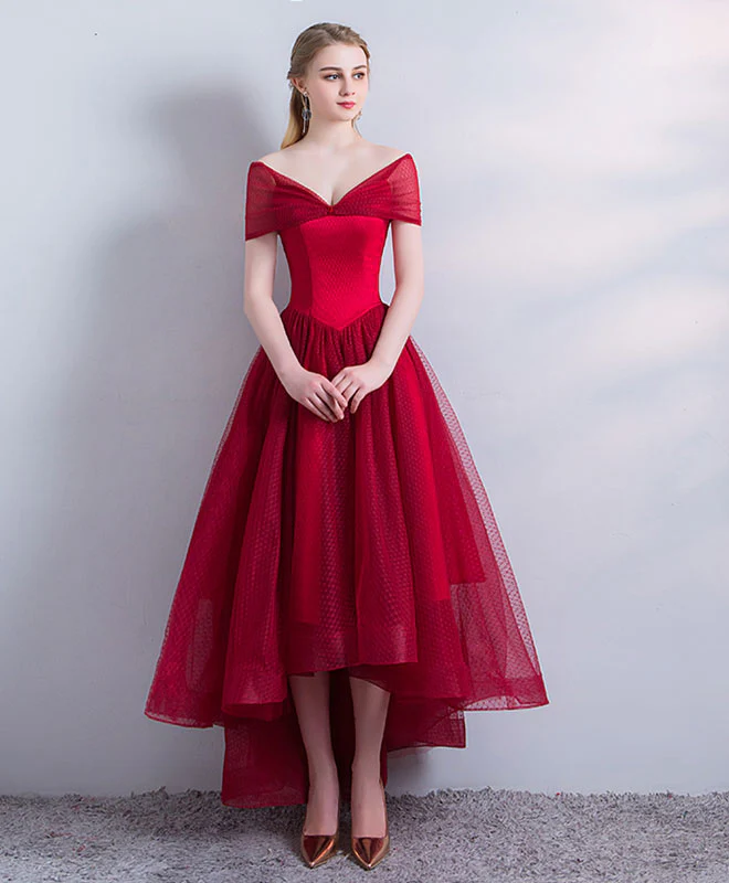 A Line V Neck High Low Burgundy Prom Dress, Burgundy Homecoming Dress - Deanwangkt