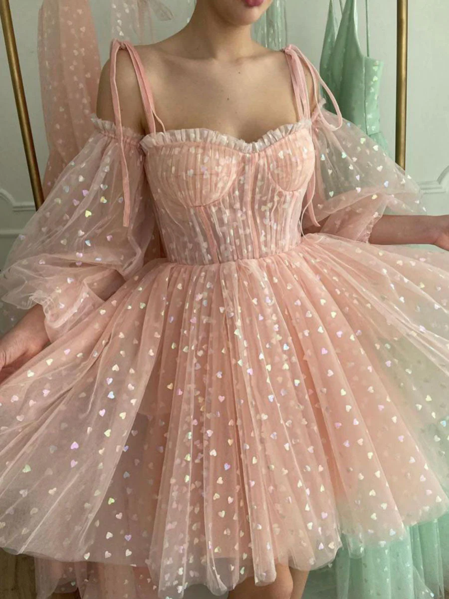 Pink Short Prom Dresses, Sweetheart Neck Puffy Pink Homecoming Dresses - Deanwangkt