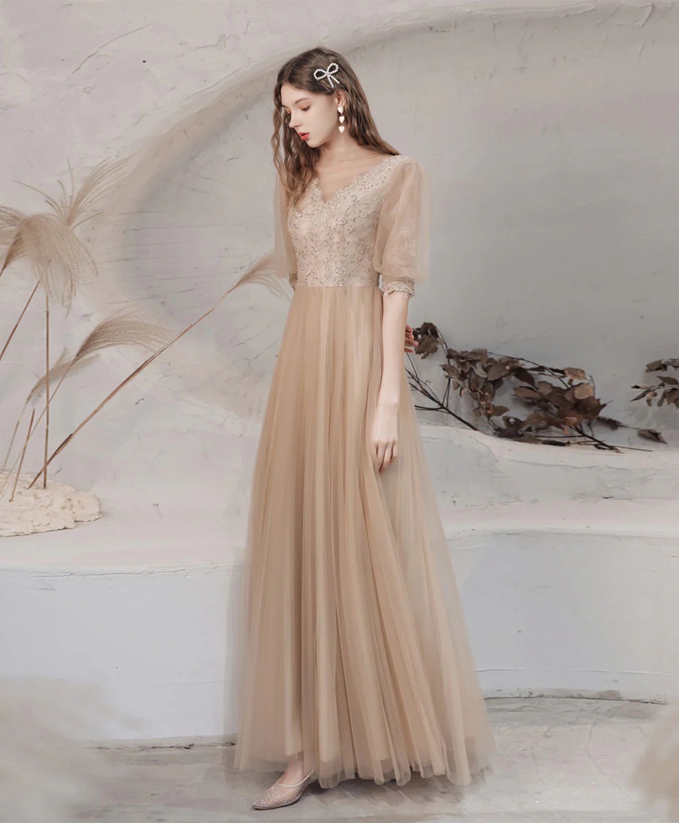 Champagne High Neck Tulle Lace Long Prom Dress, Champagne Graduation Dress - Deanwangkt