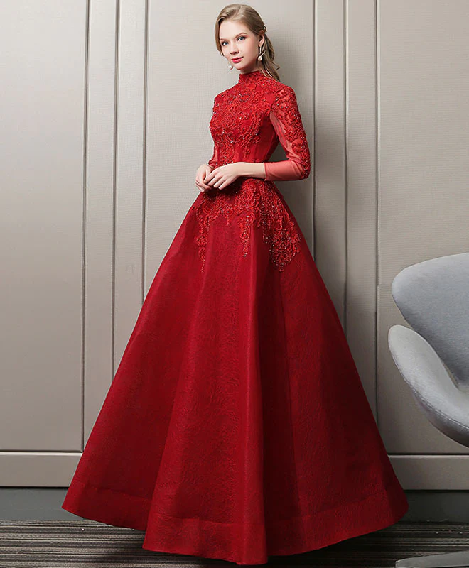 Burgundy Lace Long Prom Dress, Burgundy Evening Dress - Deanwangkt