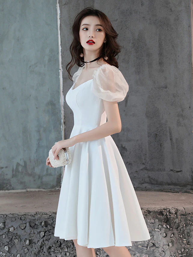 White Satin Short Prom Dress, White Homecoming Dress - Deanwangkt
