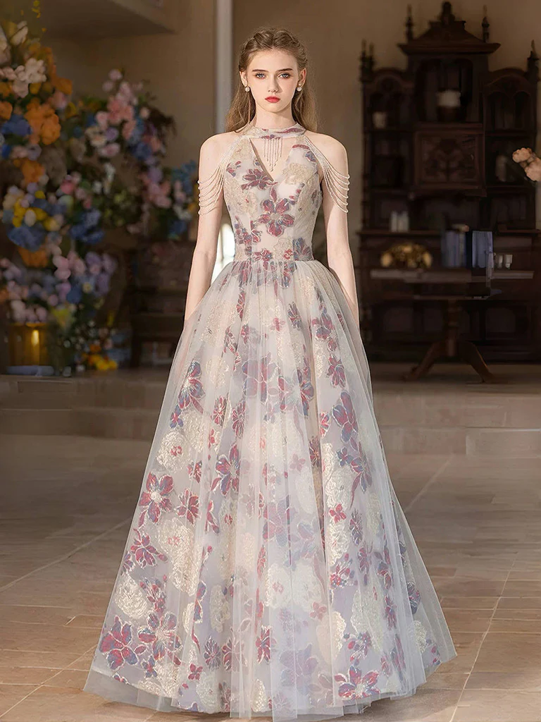 A-Line Tulle Lace Light Champagne Long Prom Dress, Lace Long Evening Dress - Deanwangkt