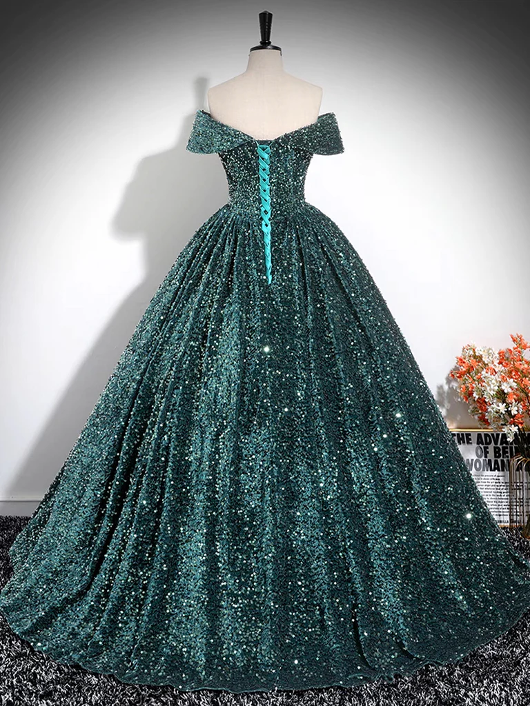 A-Line Off Shoulder Velvet Sequin Green Long Prom Dress, Green Long Formal Dress - Deanwangkt