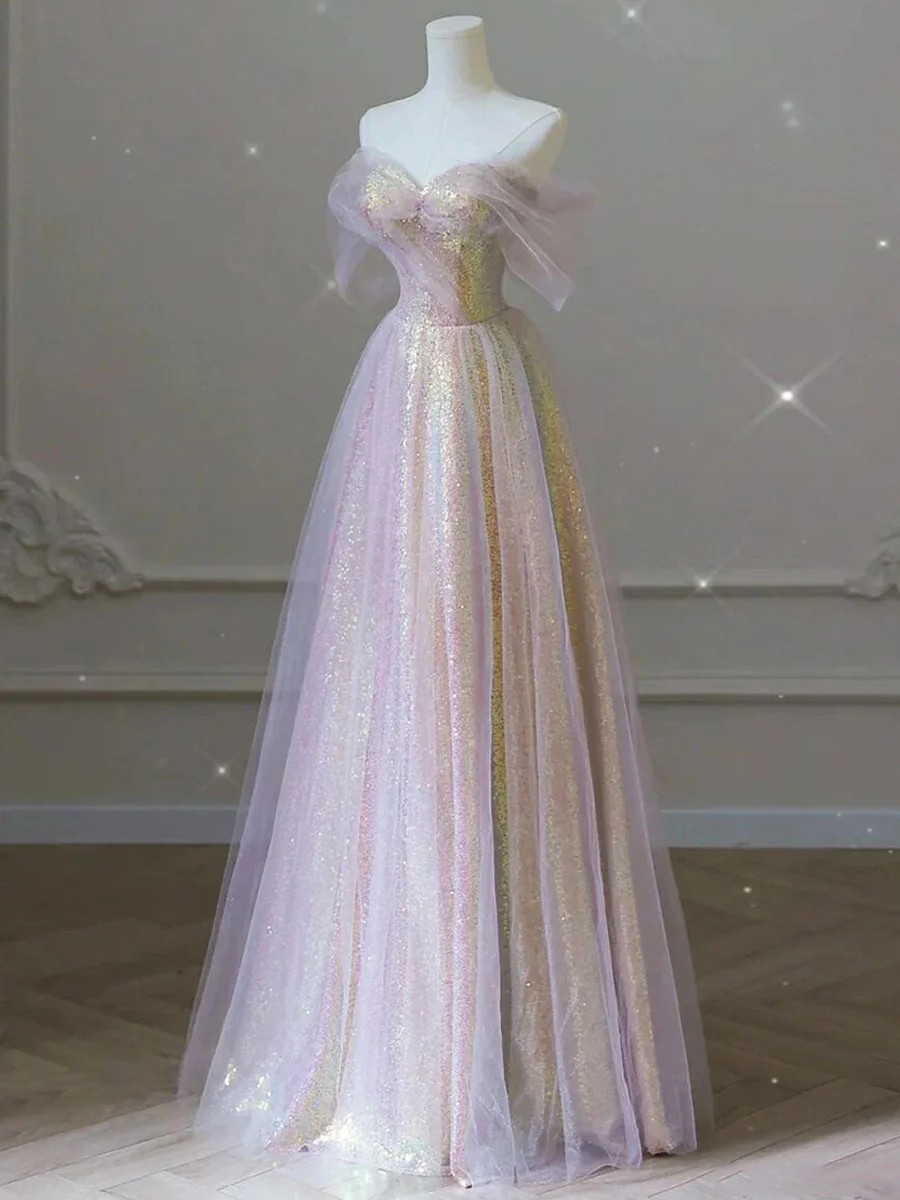 Unique Sweetheart Neck Tulle Sequin Long Prom Dress Tulle Party Dress - Deanwangkt
