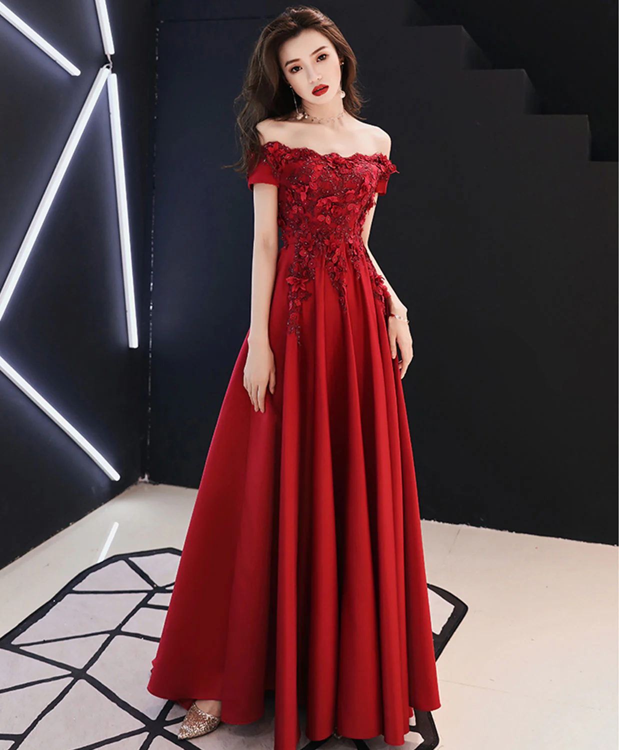 A-Line Burgundy Tulle Lace Long Prom Dress, Burgundy Tulle Bridesmaid Dress - Deanwangkt