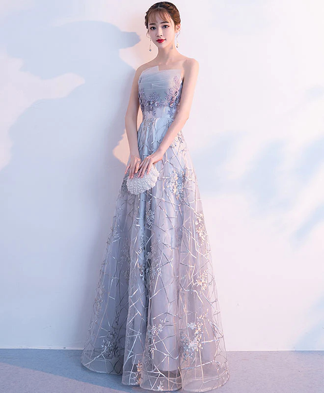 Gray Tulle Lace Long Prom Dress, Gray Tulle Evening Dress - Deanwangkt