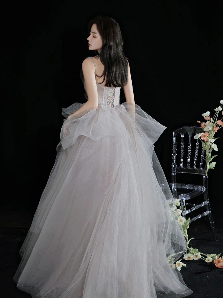 Light Gray Tulle Lace Long Prom Dress, Tulle Lace Formal Dress - Deanwangkt