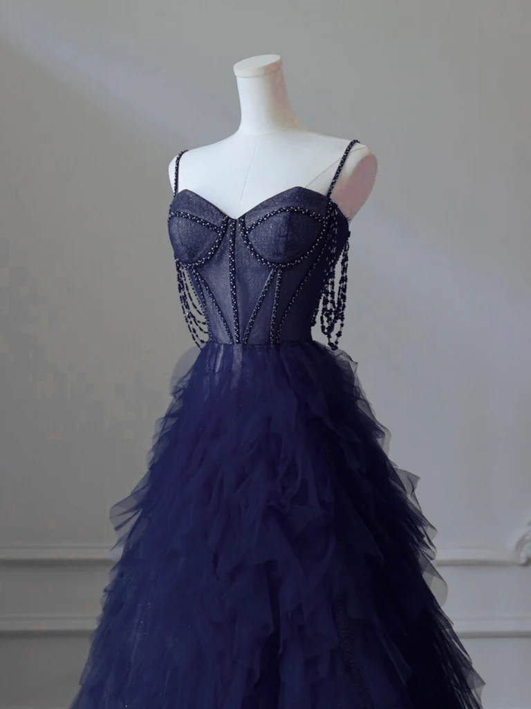 A-Line Sweetheart Neck Tulle Dark Blue Long Prom Dress, Dark Blue Long Graduation Dress with Beads - Deanwangkt