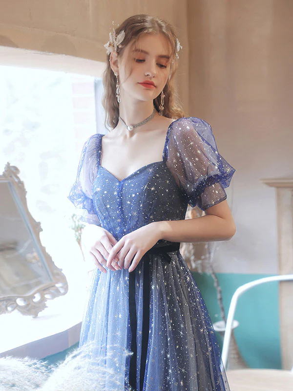 A-line Tulle Starry Blue Long Prom Dress, Blue Formal Graduation Dresses - Deanwangkt