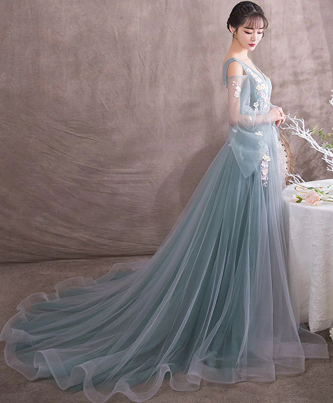 Green V Neck Tulle Lace Long Prom Dress, Gray Green Evening Dress - Deanwangkt