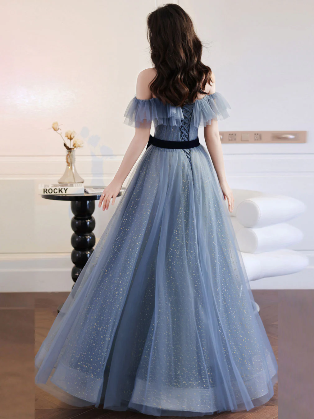 Gray Blue Tulle Long Prom Dress Gray Blue Tulle Formal Dress - Deanwangkt