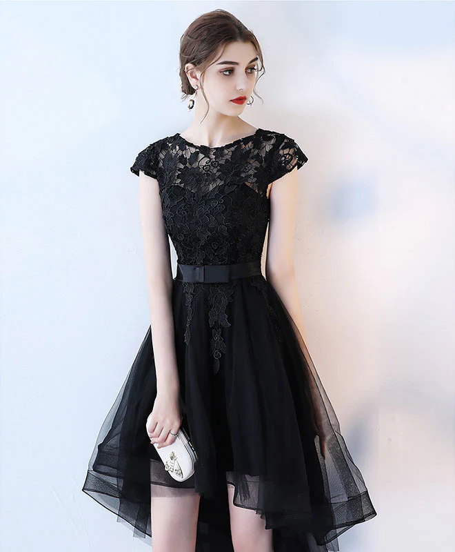 Black Lace Short Prom Dress, Hight Low Evening Dress - Deanwangkt