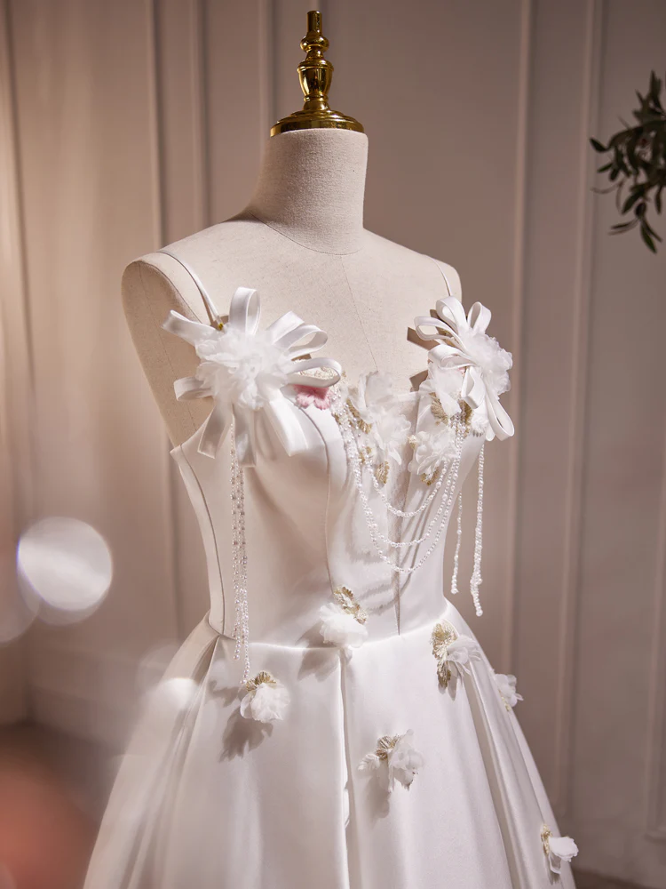 White V Neck Satin Tea Length Prom Dress, White Formal Dress With Beading - Deanwangkt