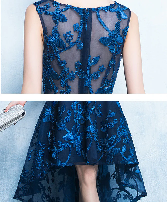 Dark Blue High Low Short Prom Dress, Lace Evening Dress - Deanwangkt