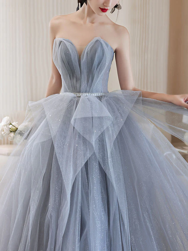 Gray Tulle Off Shoulder Long Prom Dress, Gray Tulle Formal Dress - Deanwangkt