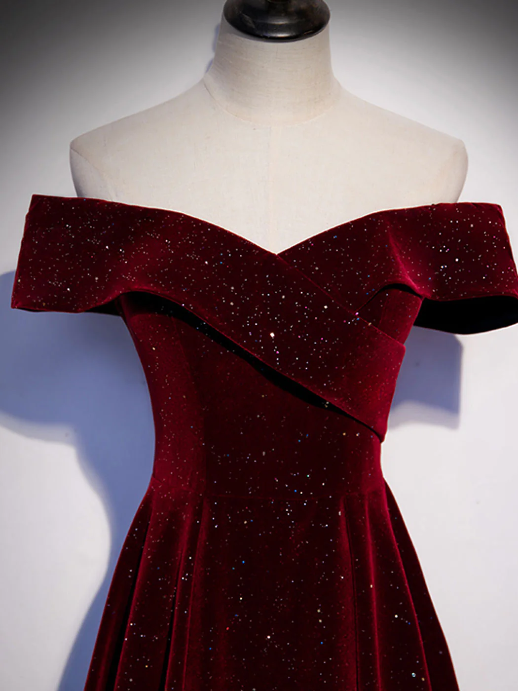 A-Line Off  Shoulder Velvet Burgundy Long Prom Dress, Burgundy Long Formal Dress - Deanwangkt