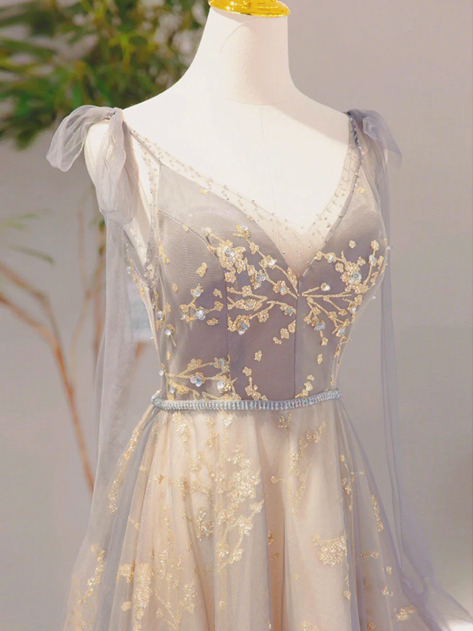 A-Line V Neck Gray Long Prom Dress, Tulle Sequin Lace Long Forma Dresses - Deanwangkt