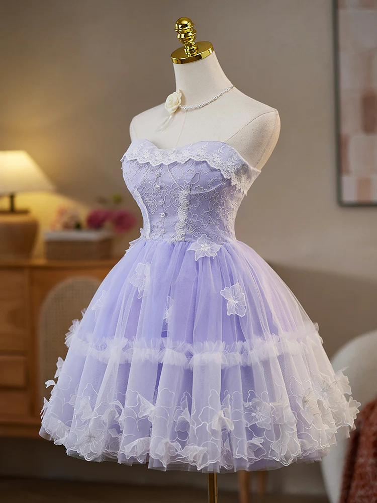 A-Line Sweetheart Neck Tulle Lace Purple Short Prom Dress, Purple Homecoming Dress - Deanwangkt