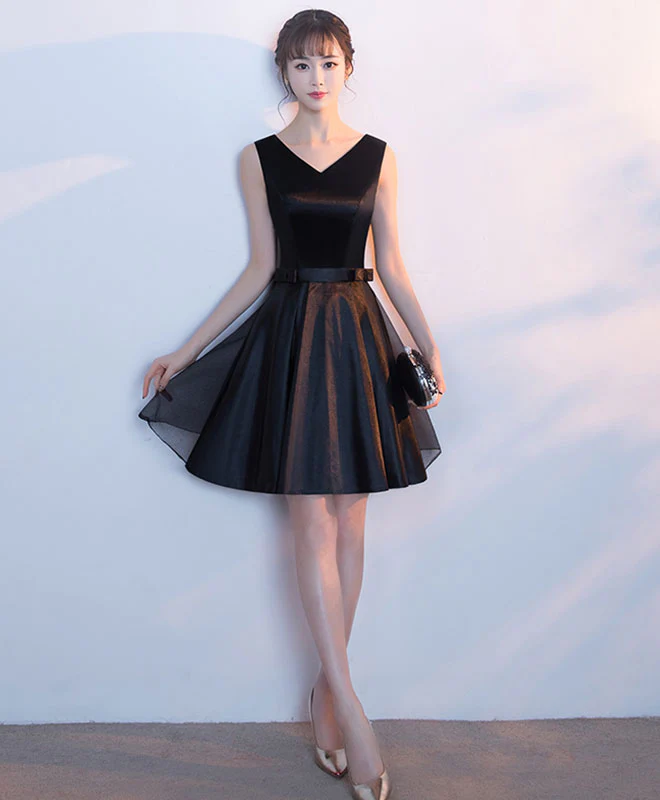 Cute Black V Neck Short Prom Dress With Bow, Homecoming Dress - Deanwangkt