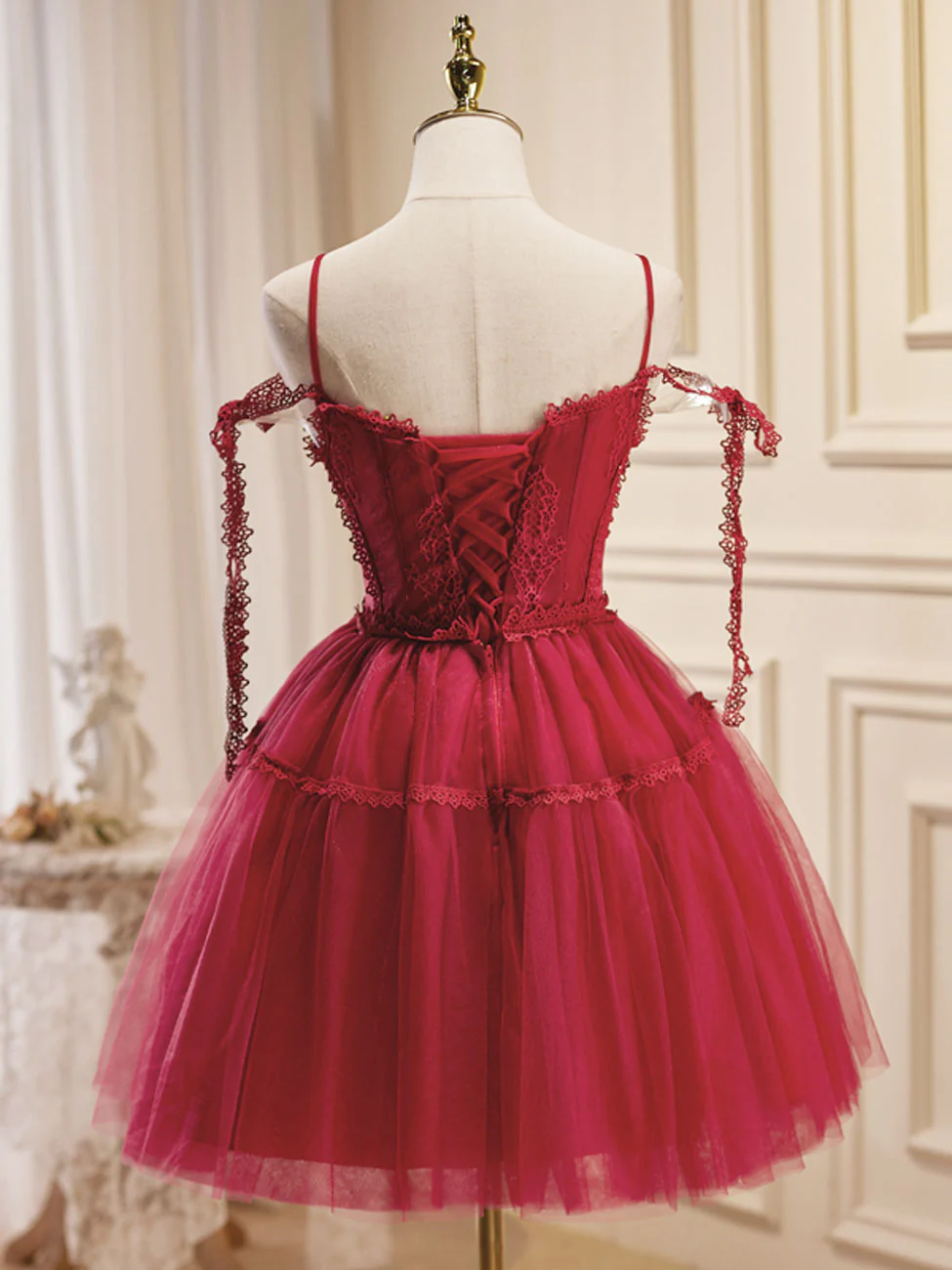 A-Line Burgundy Lace Short Prom Dress, Burgundy Puffy Homecoming Dresses - Deanwangkt