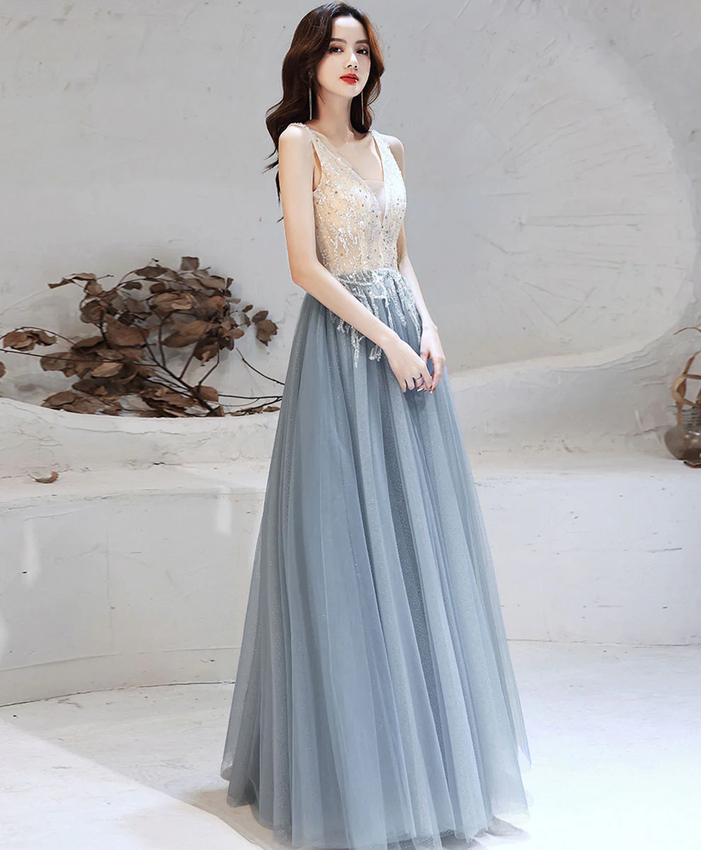 Gray Blue Tulle V Neck Sequin Long Prom Dress Blue Formal Evening Dress - Deanwangkt