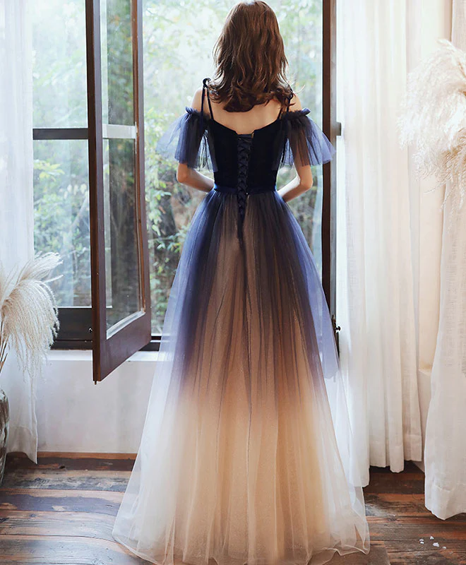 Blue Sweetheart Tulle Off Shoulder Long Prom Dress Blue Evening Dress - Deanwangkt