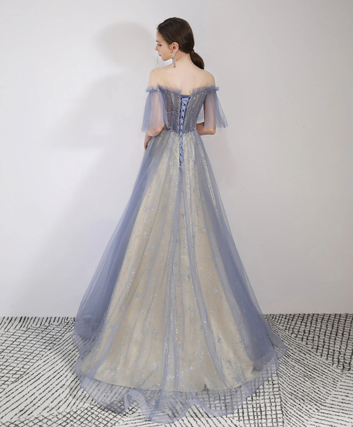 Blue Round Neck Tulle Lace Long Prom Dress, Blue Long Evening Dress - Deanwangkt