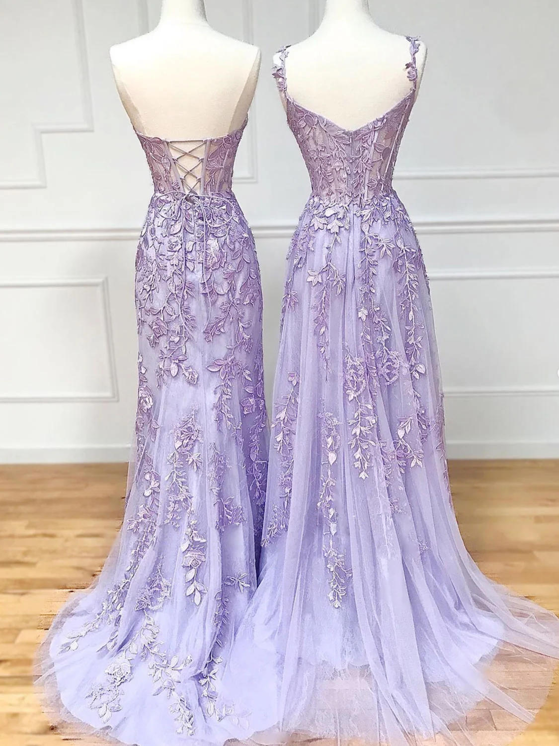 Purple Sweetheart Neck Lace Long Prom Dresses, Purple Lace Graduation Dress - Deanwangkt