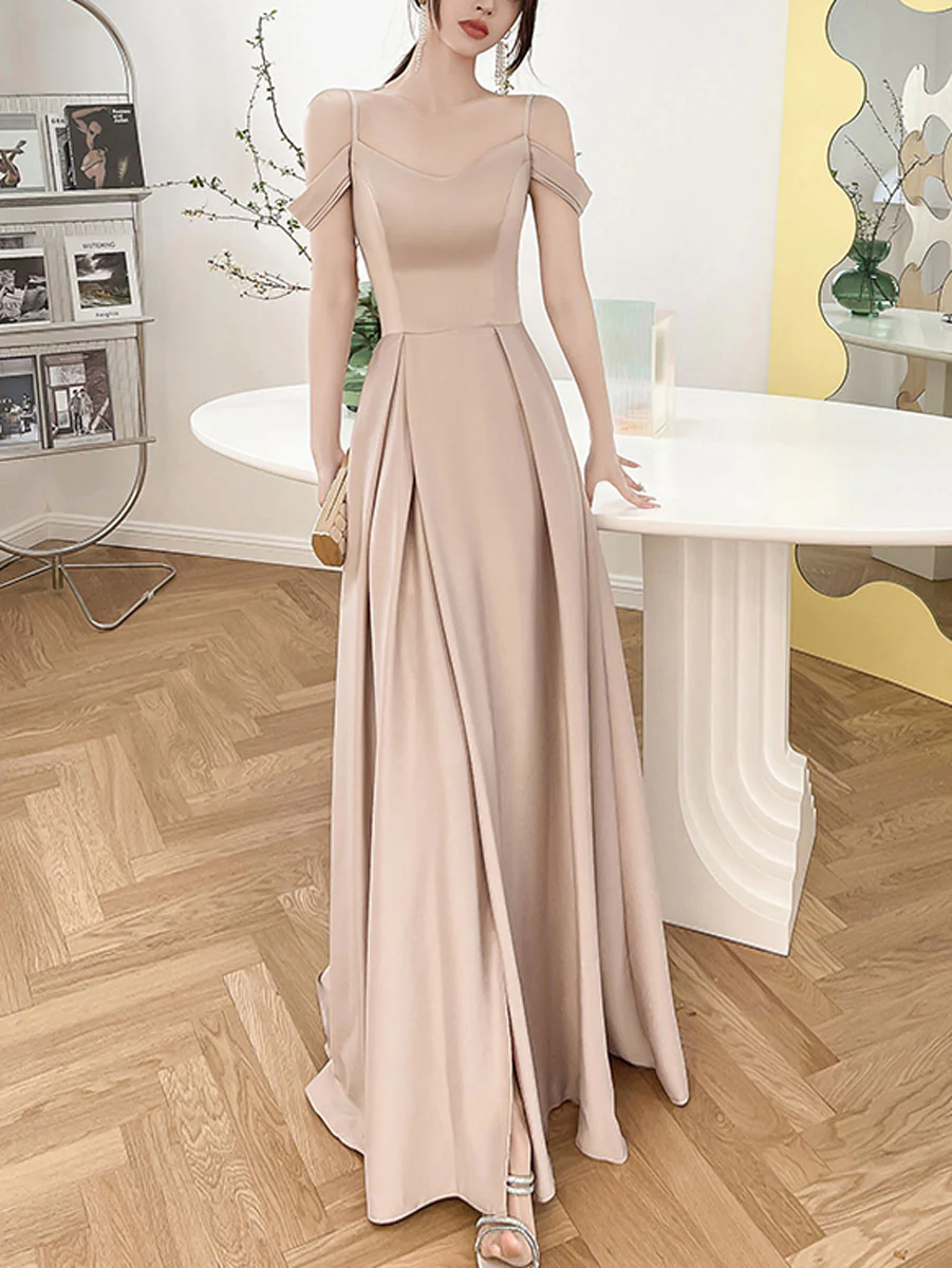 Simple Champagne A line Long Prom Dress, Champagne Bridesmaid Dresses - Deanwangkt