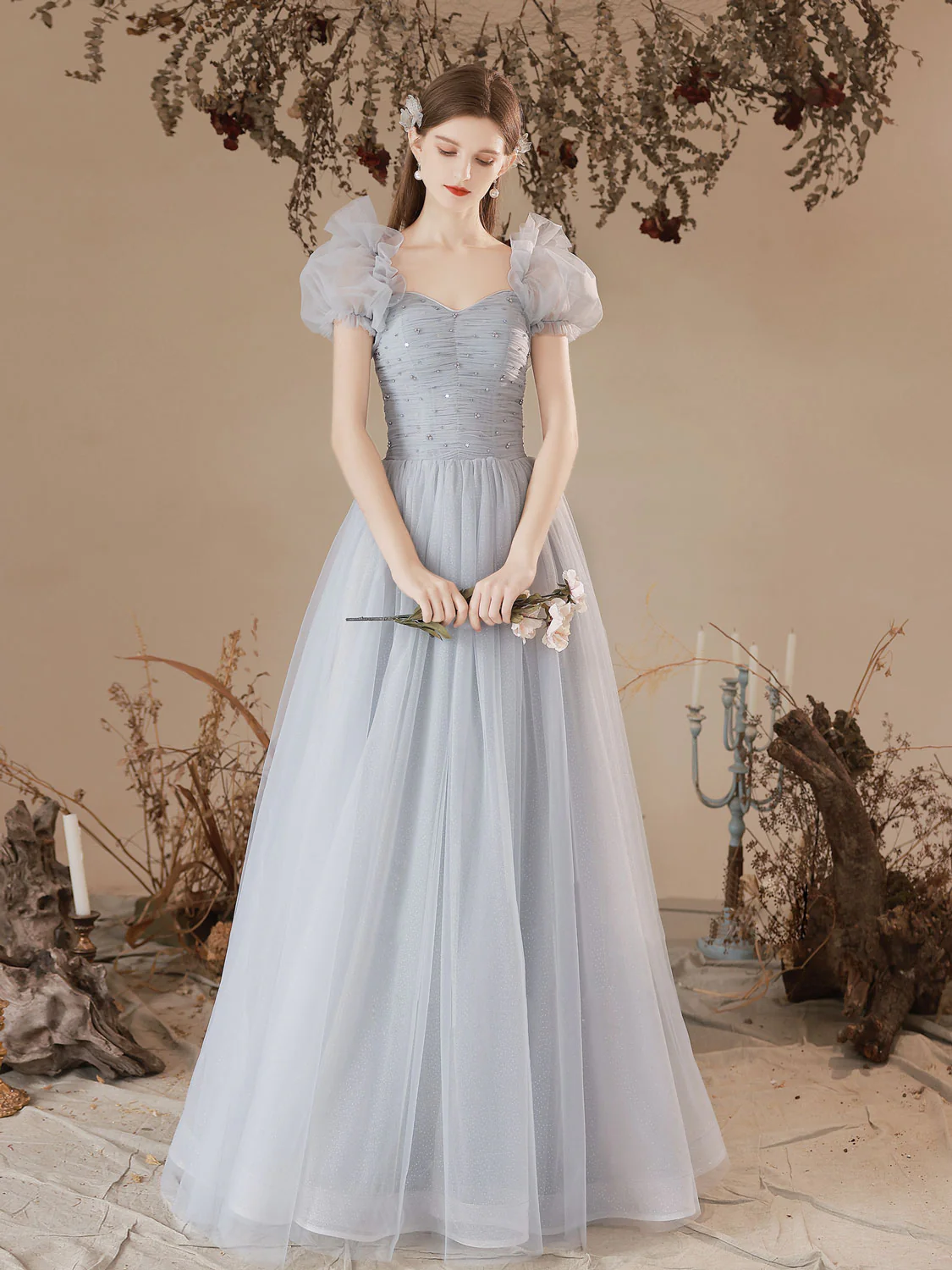 A-Line Sweetheart Neck Tulle Long Prom Dress, Blue Formal Graduation Dresses - Deanwangkt